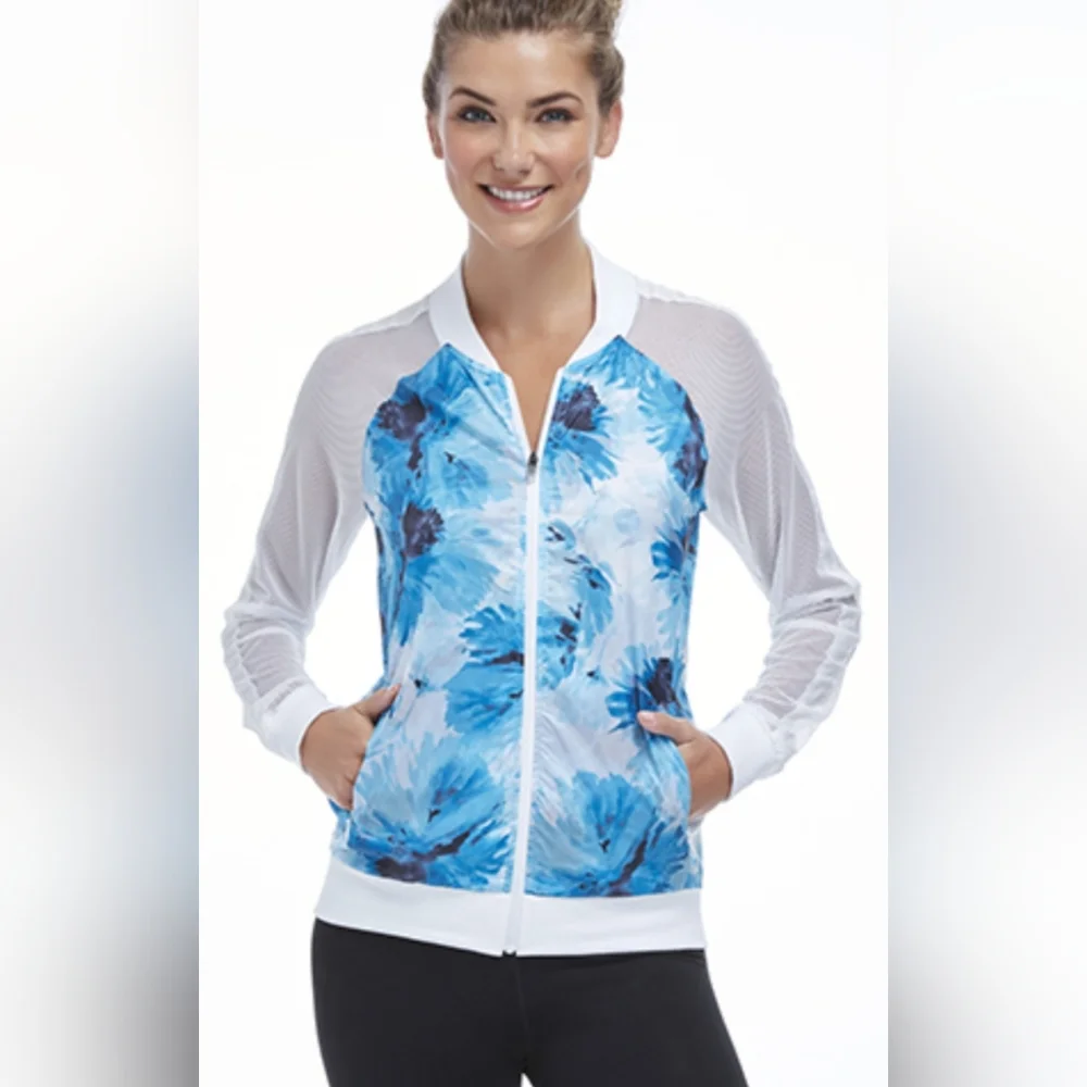 Fabletics white Atlanta jacket blue floral print mesh sleeves women's si…